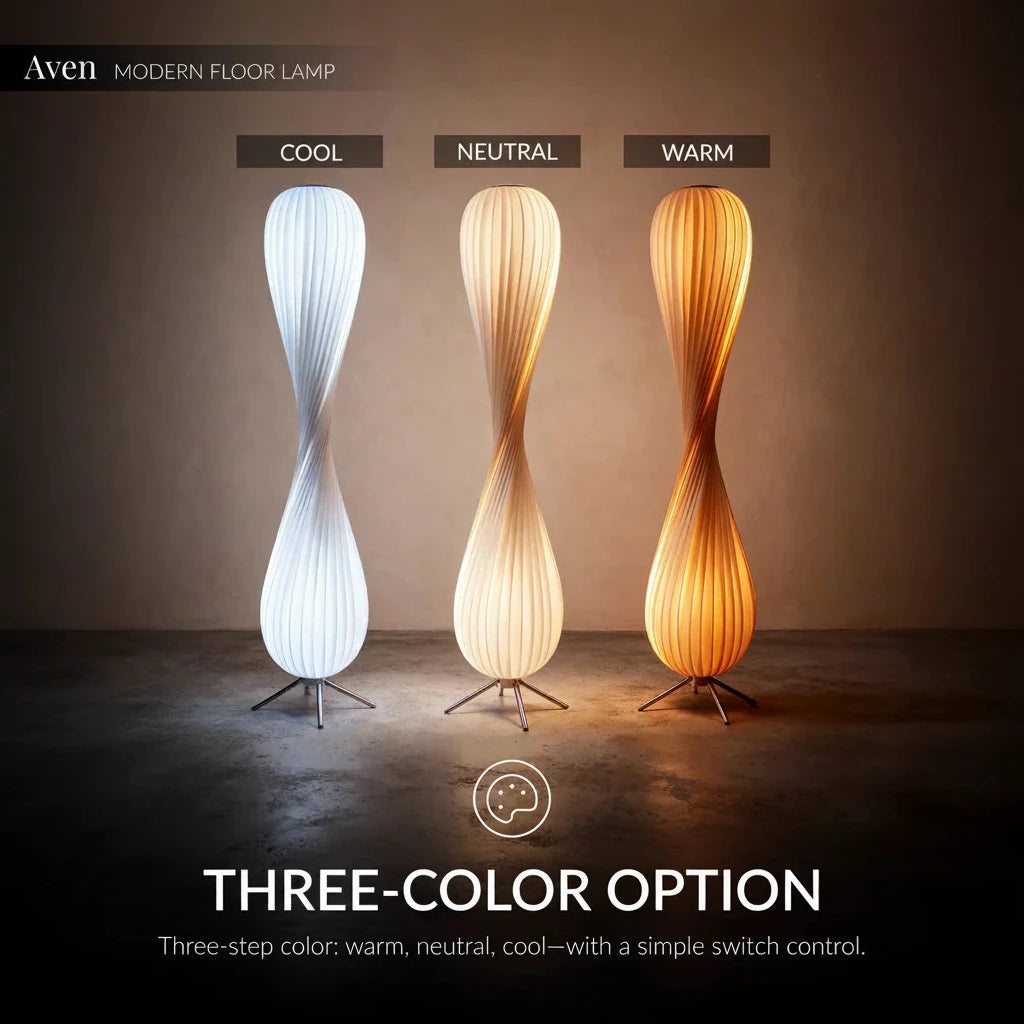 Three modern floor lamps with cool, neutral, and warm light options on a plain background.