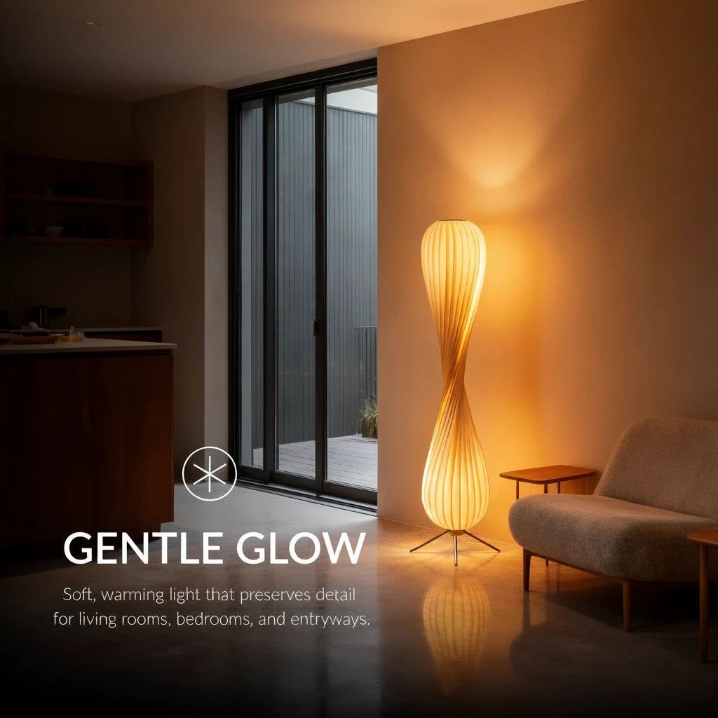 Modern floor lamp in a living room with 'Gentle Glow' description