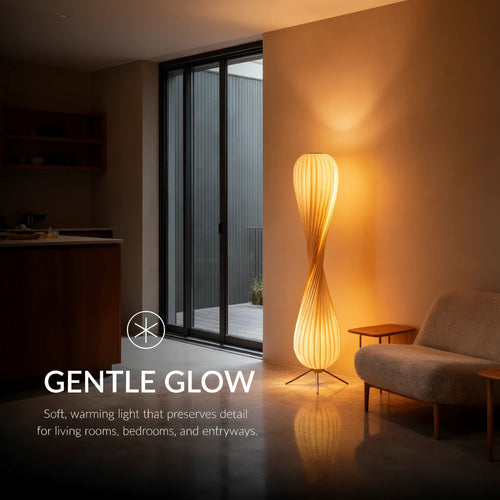 Modern floor lamp in a living room with 'Gentle Glow' description