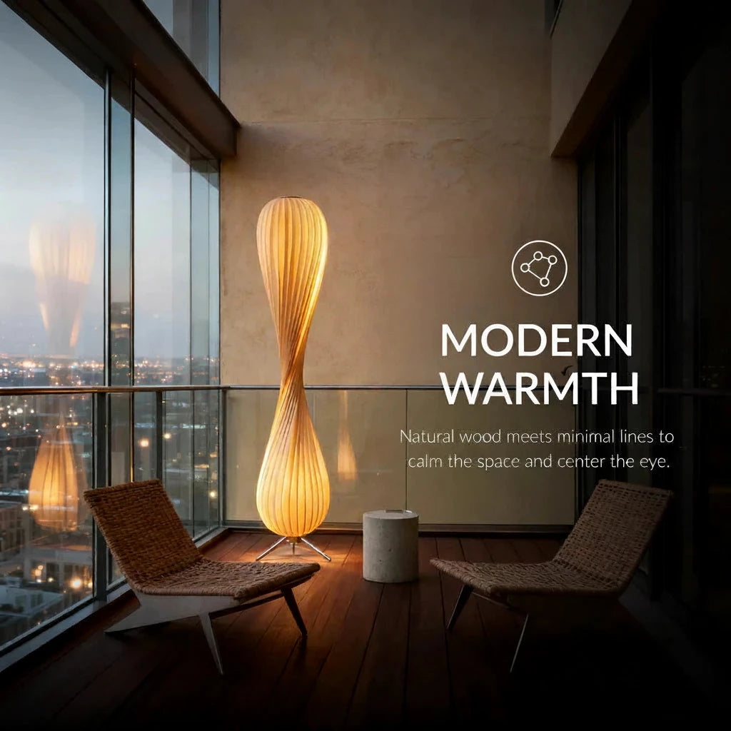 Modern floor lamp in a room with large windows and chairs, featuring the brand 'outlight'.