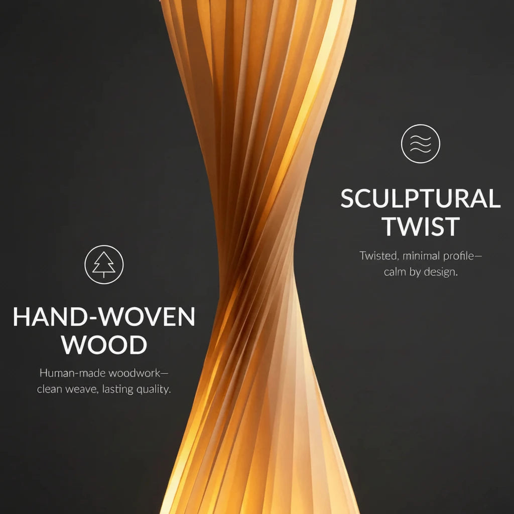 Modern floor lamp with hand-woven wood design on a dark background